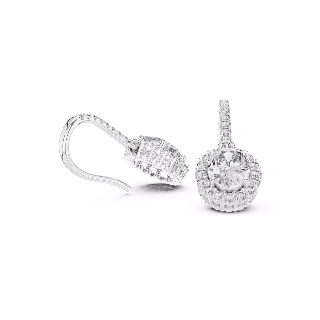 Oval cut Diamond Halo Drop Earrings with Elegant Hook