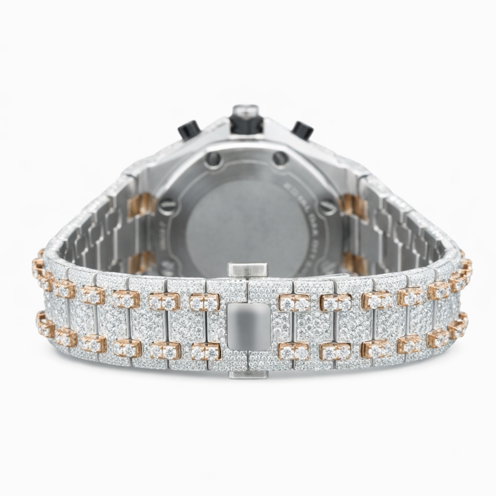 Moissanite Diamond Chronograph Two Tone Watch With Silver,Gold, Rose Gold