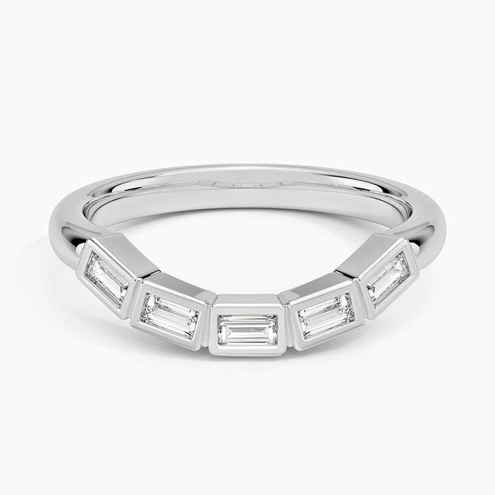 Baguette Diamond Bezel Set Minimalist Curved Wedding Band Ring