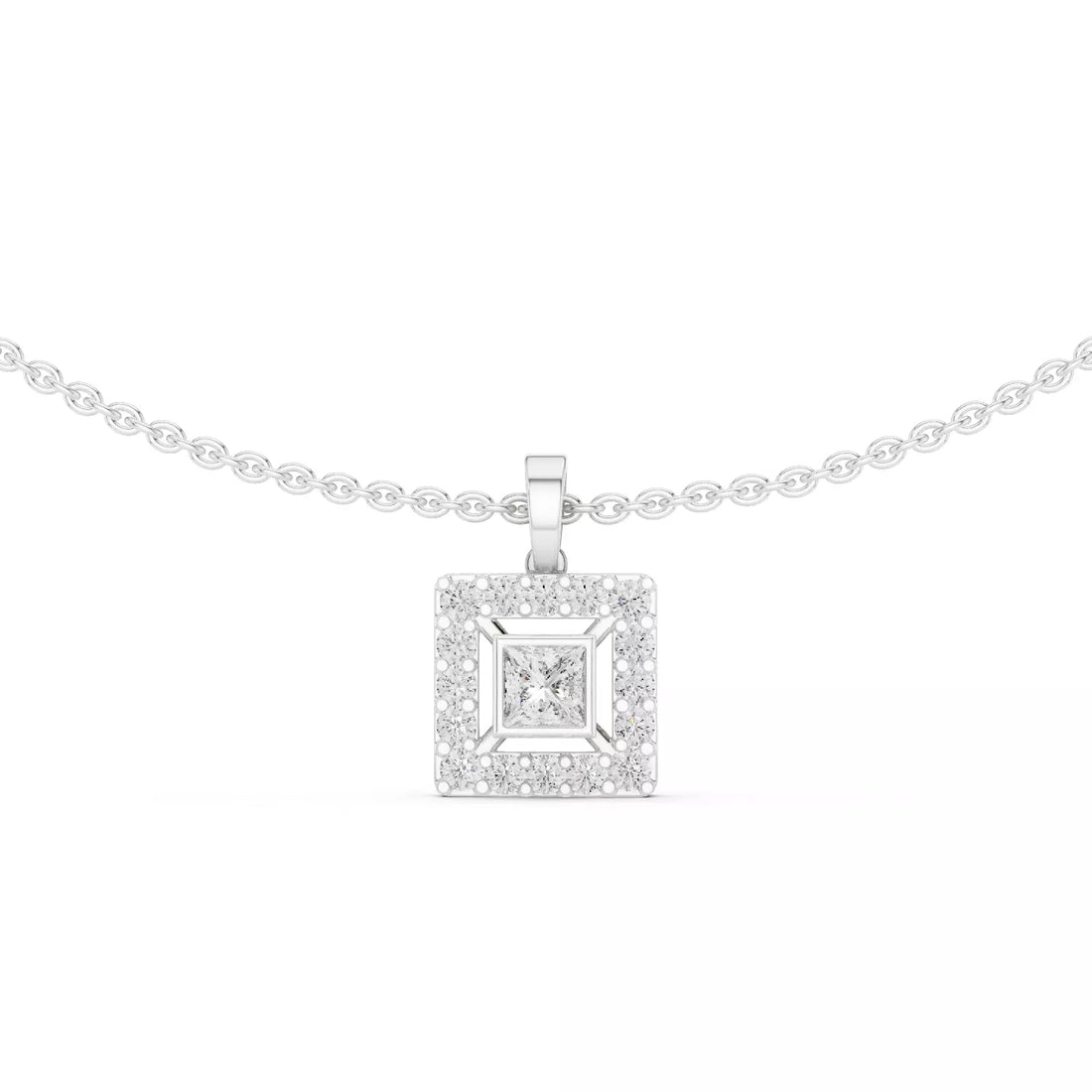 Princess Cut Diamond Halo Pendant Necklace