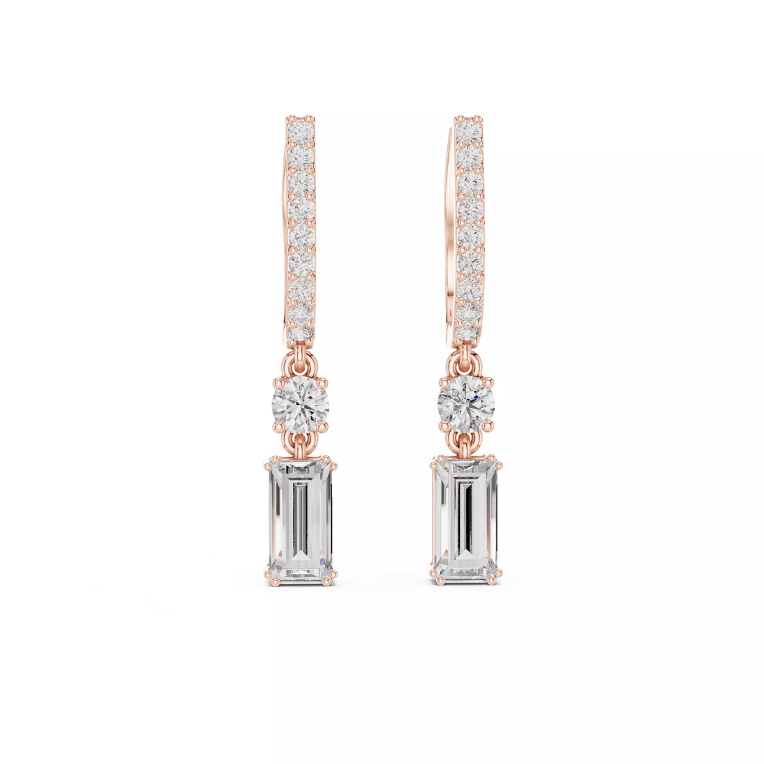 Emerald Cut Diamond Drop Earrings with Pave Hoops