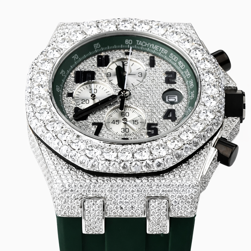 Luxury Iced Out Chronograph Green Belt Moissanite Diamond Watch