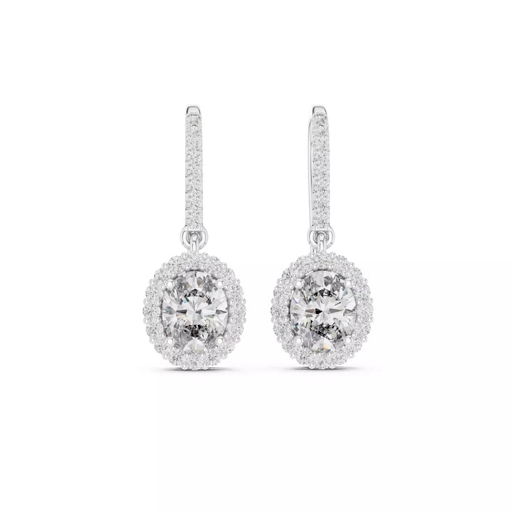 Oval cut Diamond Halo Drop Earrings with Elegant Hook