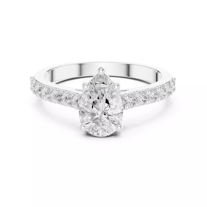 Pear cut Diamond Cathedral Setting Ring with Pavé Band