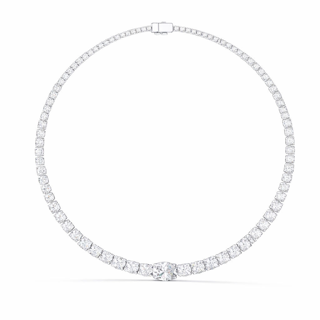 Round cut Diamond Tennis Necklace With Center Solitaire