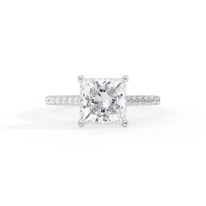 Princess Cut Diamond Cathedral Ring with Hidden Halo Pave Band