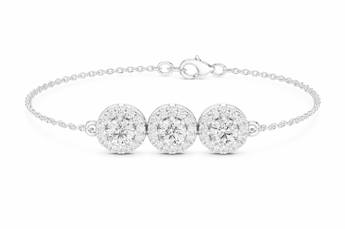 Three Stone Diamond Halo Chain Bracelet