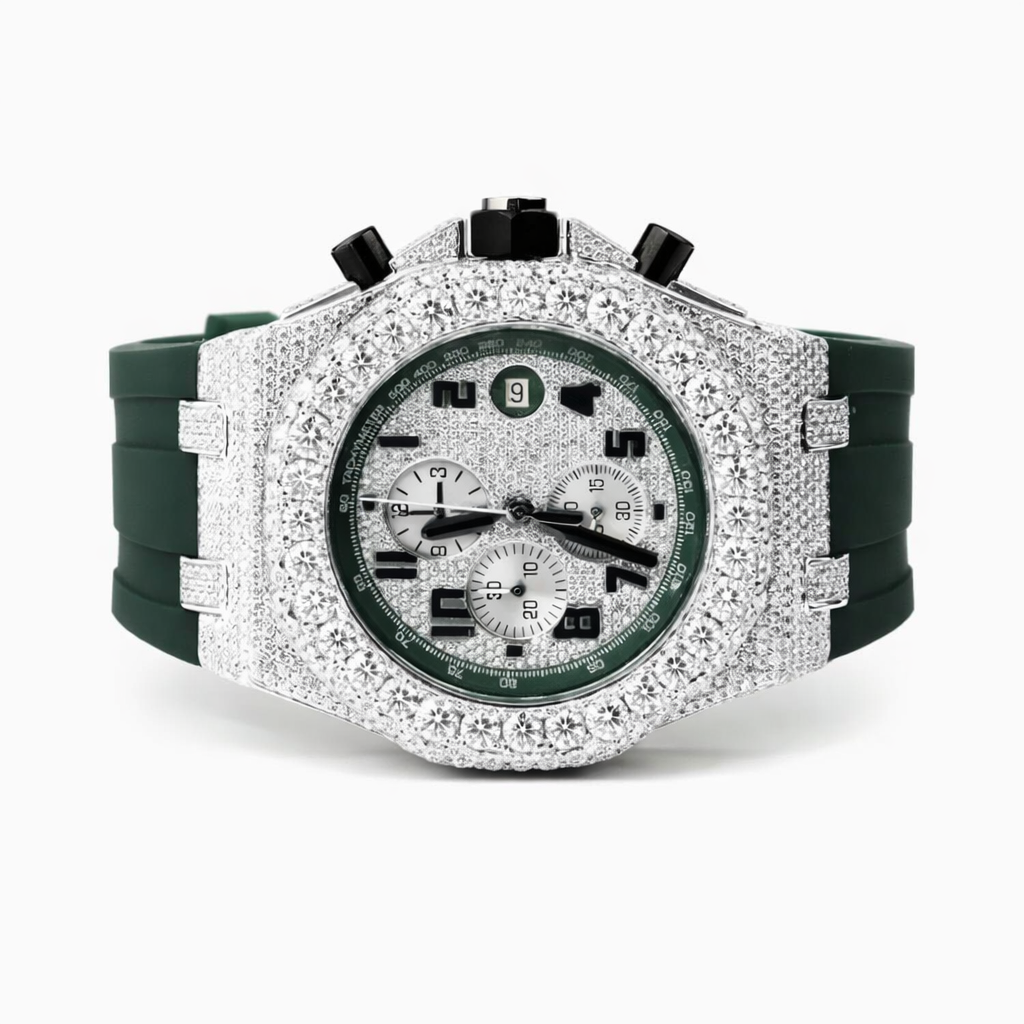 Luxury Iced Out Chronograph Green Belt Moissanite Diamond Watch