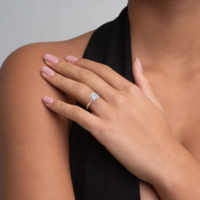 Cushion Cut Solitaire Hidden Halo Engagement Ring