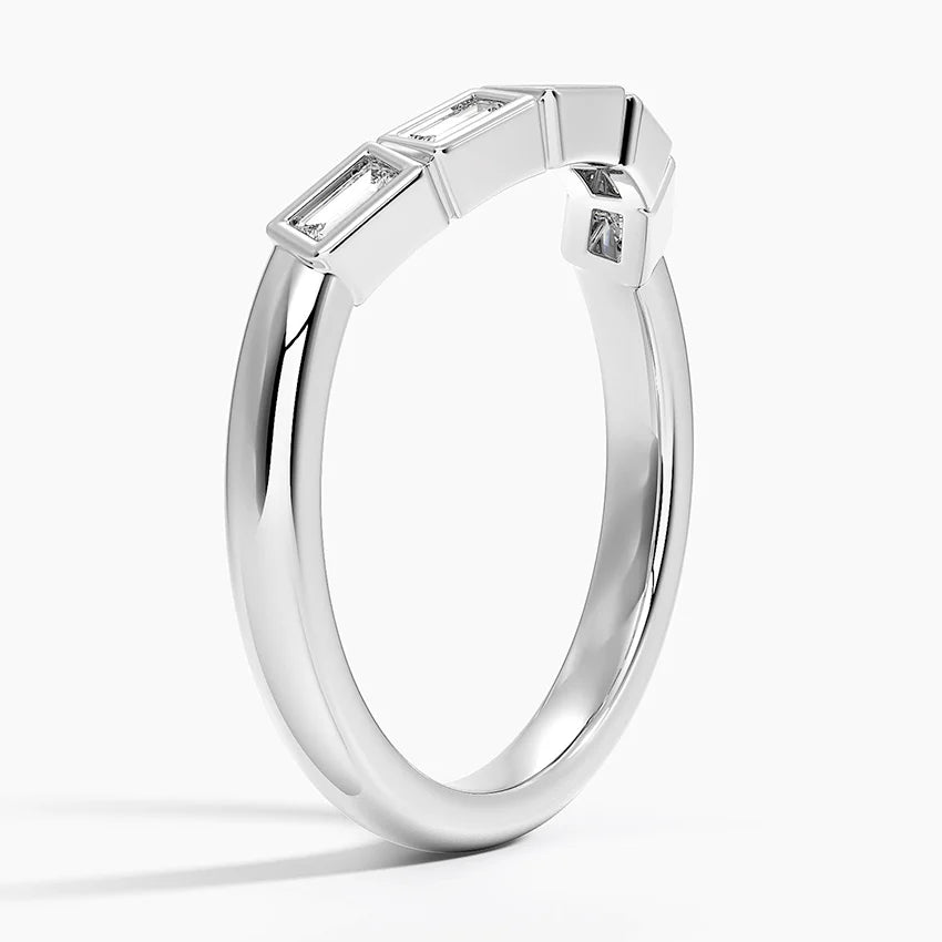 Baguette Diamond Bezel Set Minimalist Curved Wedding Band Ring