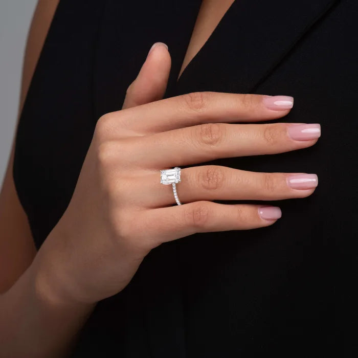 Emerald Cut Diamond Pave band Engagement Ring