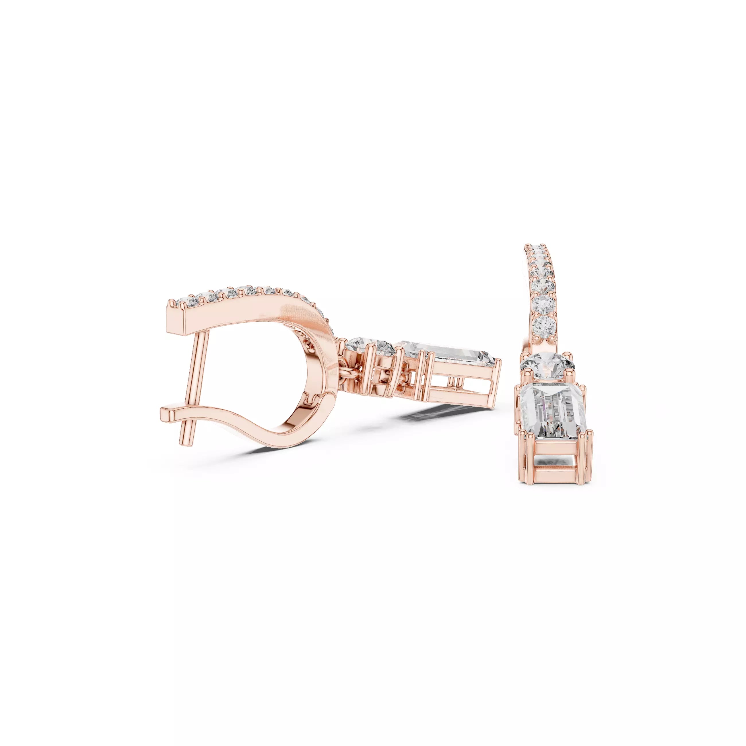 Emerald Cut Diamond Drop Earrings with Pave Hoops