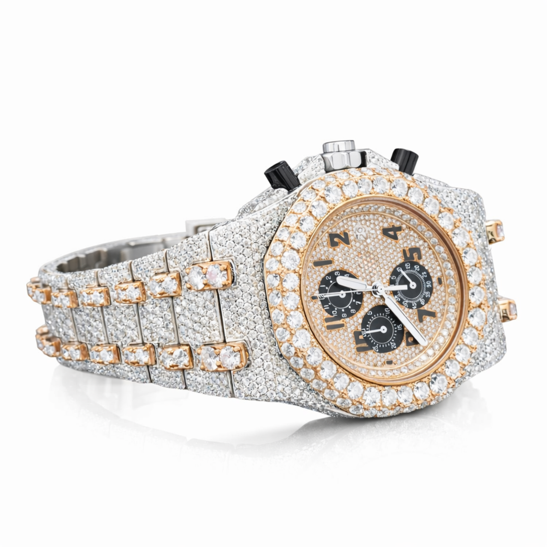 Moissanite Diamond Chronograph Two Tone Watch With Silver,Gold, Rose Gold