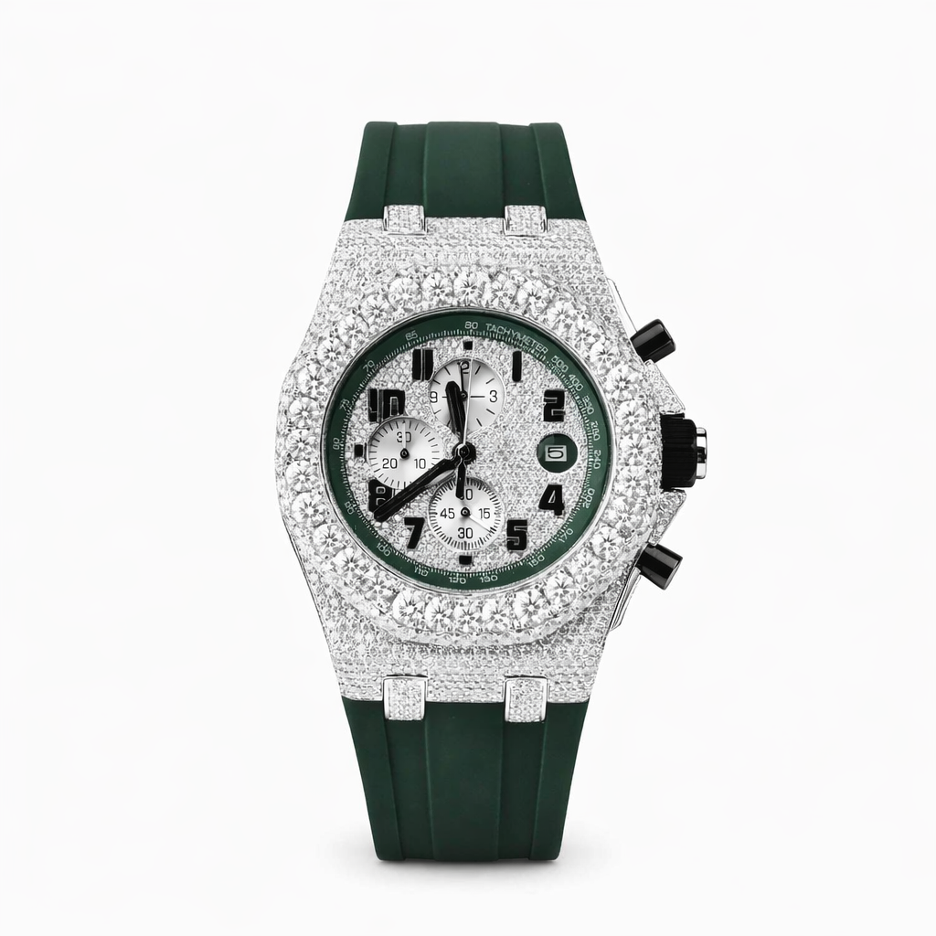 Luxury Iced Out Chronograph Green Belt Moissanite Diamond Watch