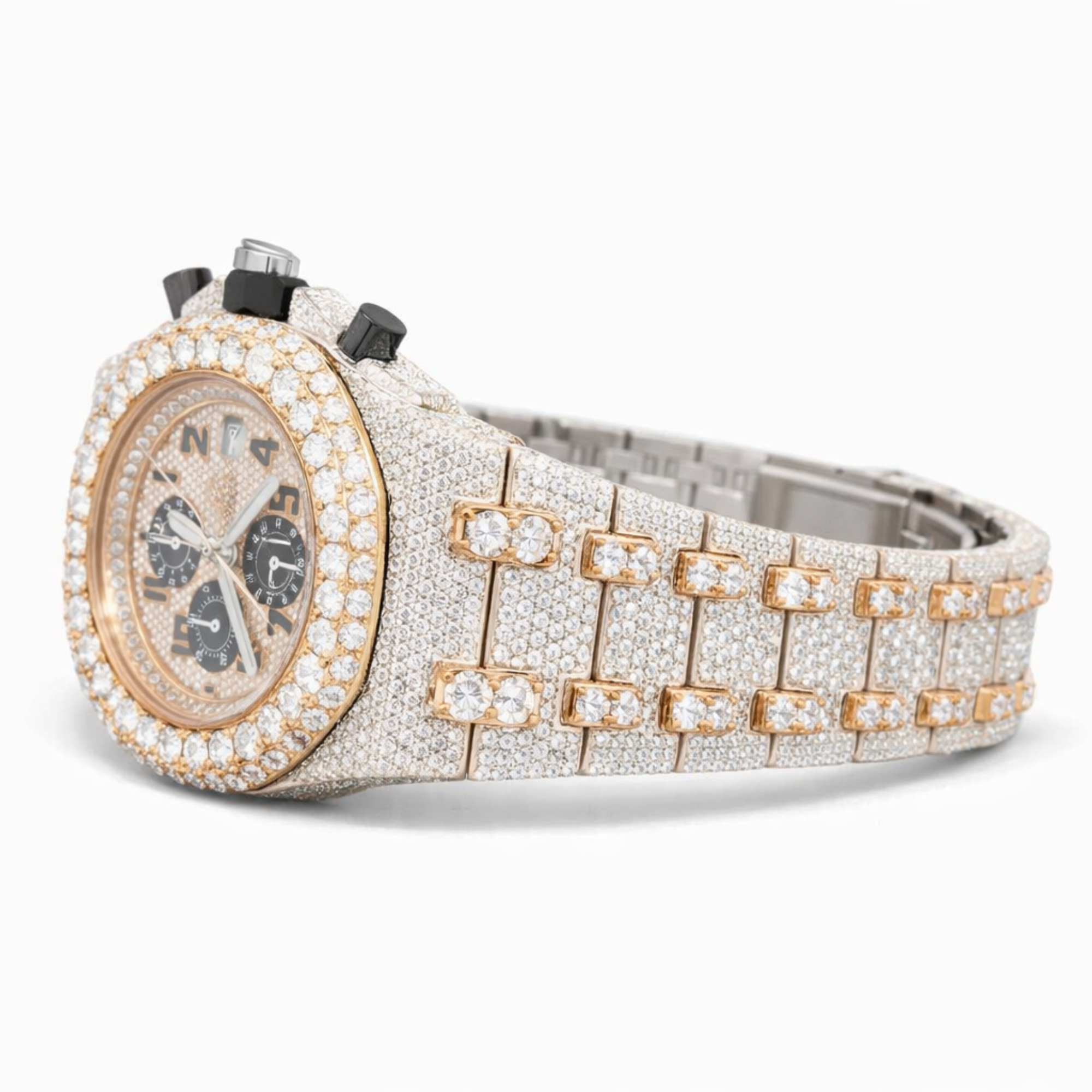 Moissanite Diamond Chronograph Two Tone Watch With Silver,Gold, Rose Gold