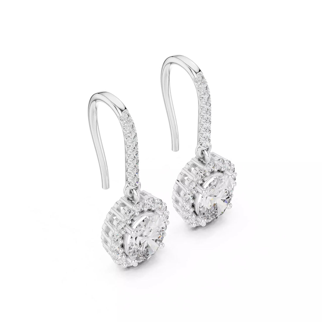 Oval cut Diamond Halo Drop Earrings with Elegant Hook