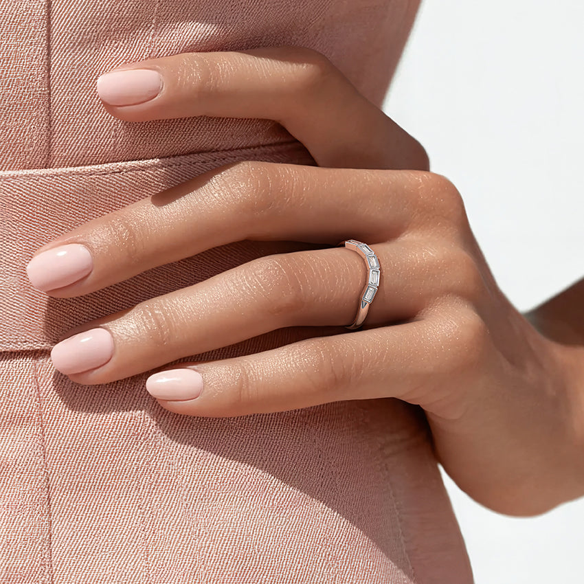 Baguette Diamond Bezel Set Minimalist Curved Wedding Band Ring