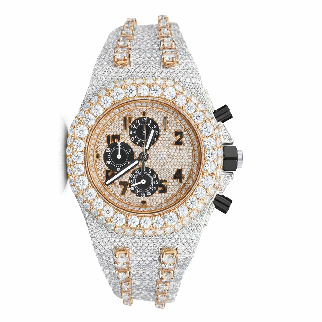 Moissanite Diamond Chronograph Two Tone Watch With Silver,Gold, Rose Gold