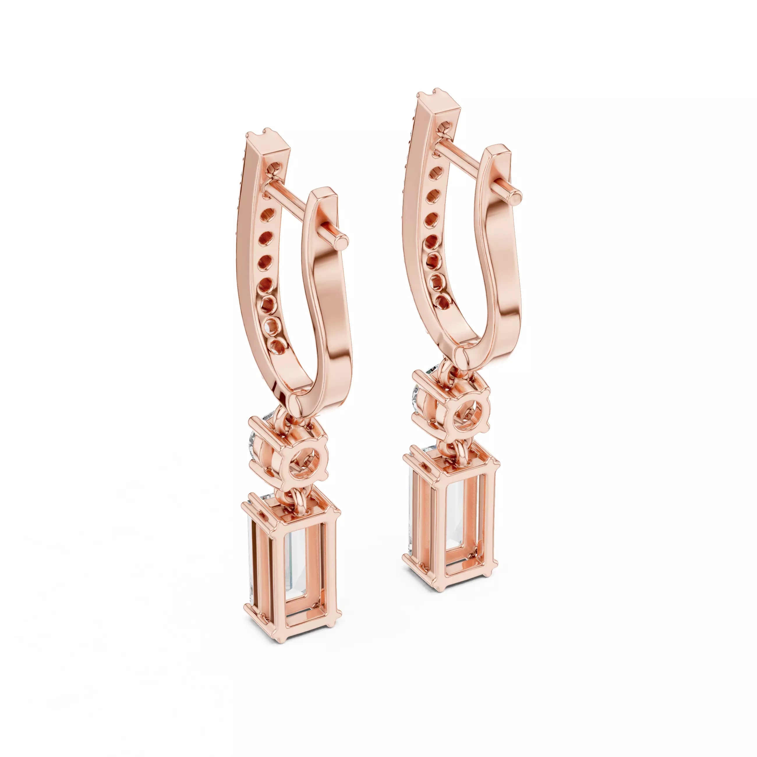 Emerald Cut Diamond Drop Earrings with Pave Hoops