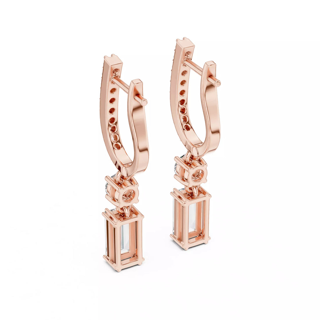 Emerald Cut Diamond Drop Earrings with Pave Hoops