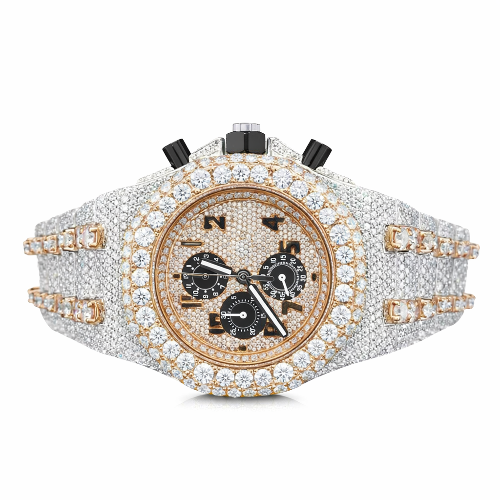 Moissanite Diamond Chronograph Two Tone Watch With Silver,Gold, Rose Gold