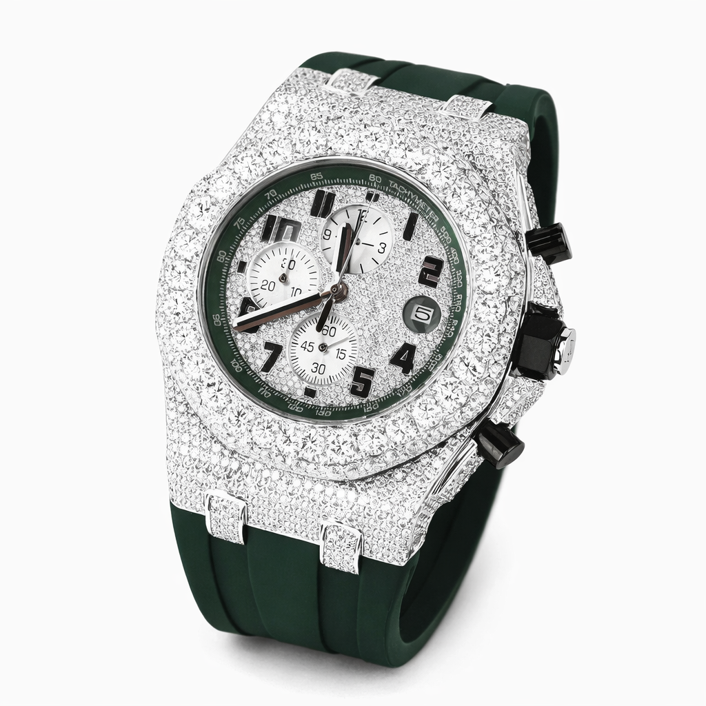 Luxury Iced Out Chronograph Green Belt Moissanite Diamond Watch