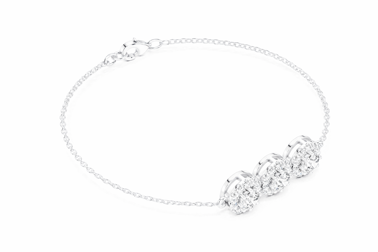 Three Stone Diamond Halo Chain Bracelet