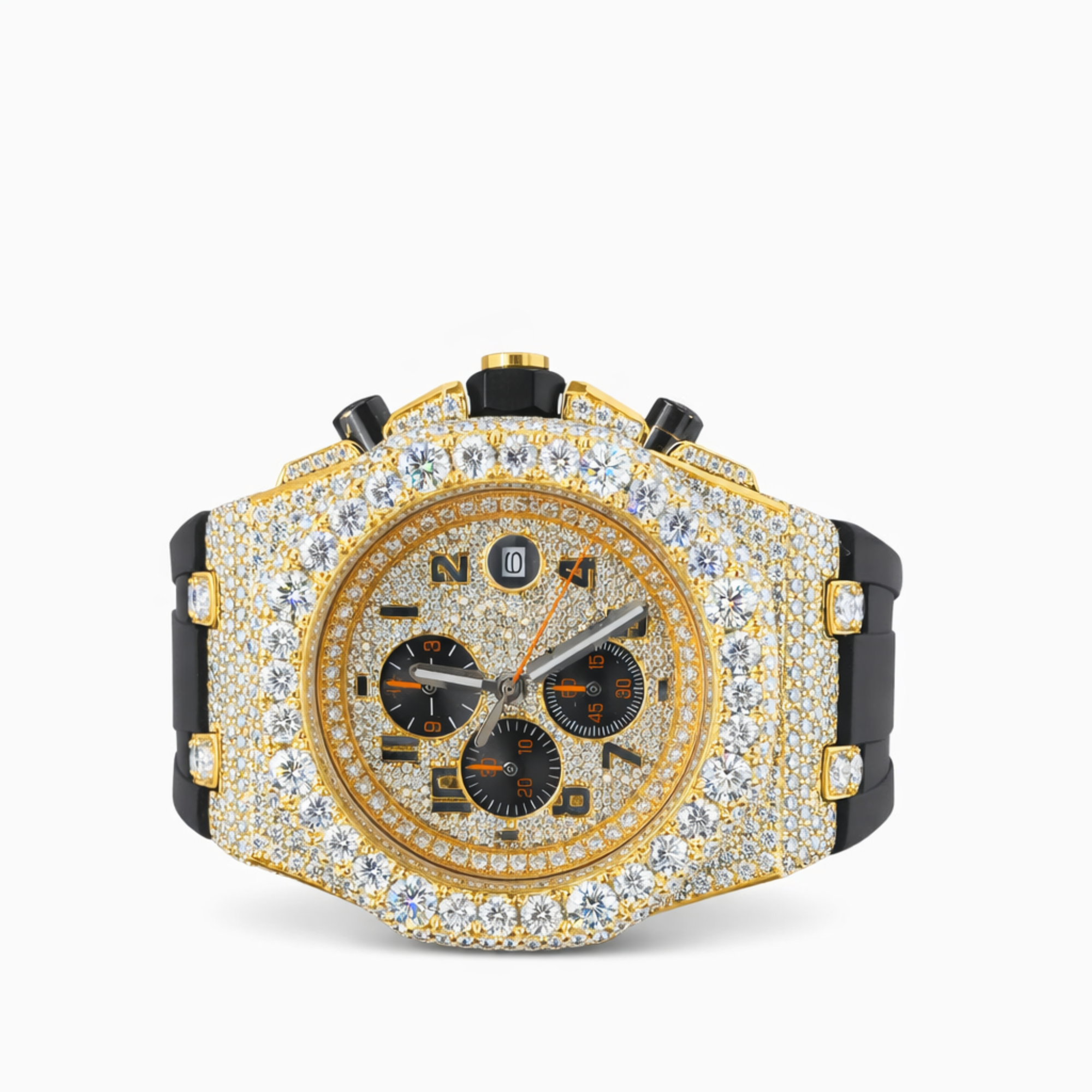 Moissanite Diamond Chronograph Black Belt Strap Rose Gold, Gold Dial Watch