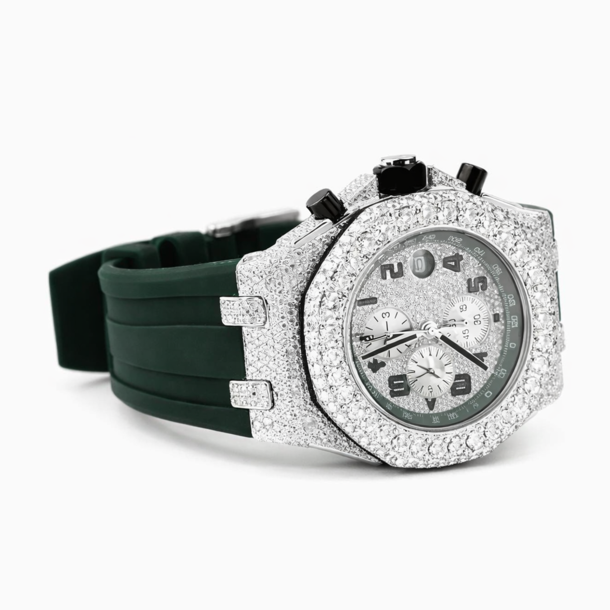 Luxury Iced Out Chronograph Green Belt Moissanite Diamond Watch