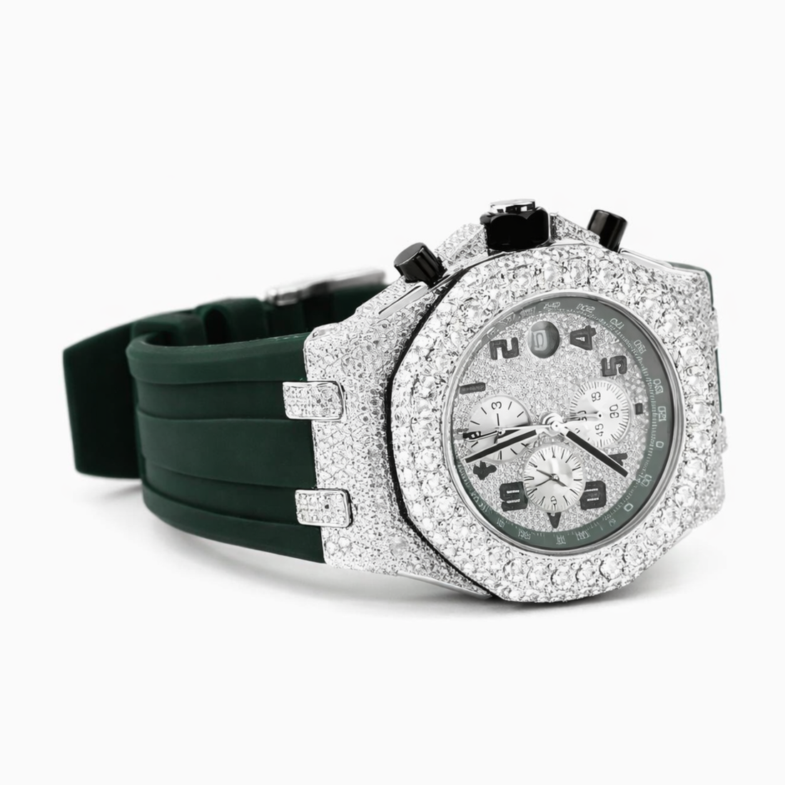 Luxury Iced Out Chronograph Green Belt Moissanite Diamond Watch