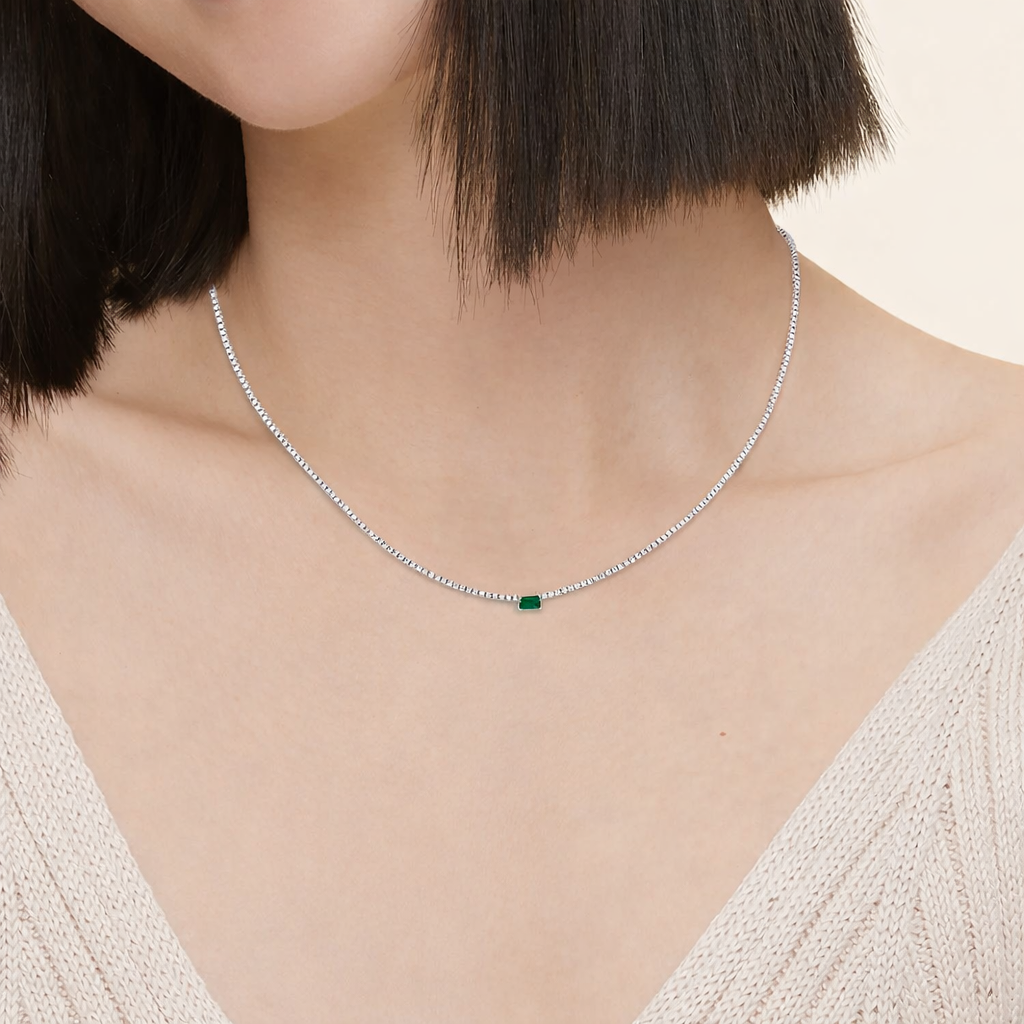 Emerald Ruby Green Center Stone Solitaire Tennis Necklace
