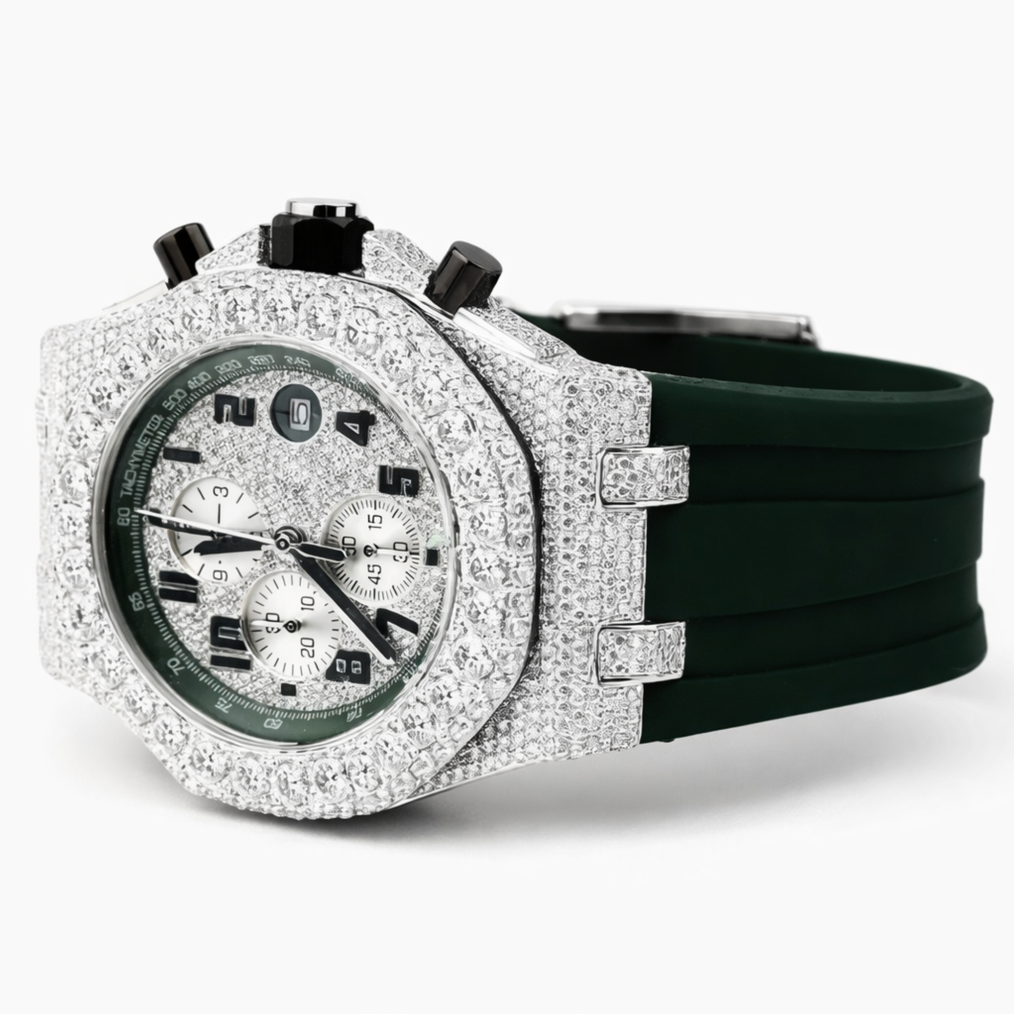 Luxury Iced Out Chronograph Green Belt Moissanite Diamond Watch