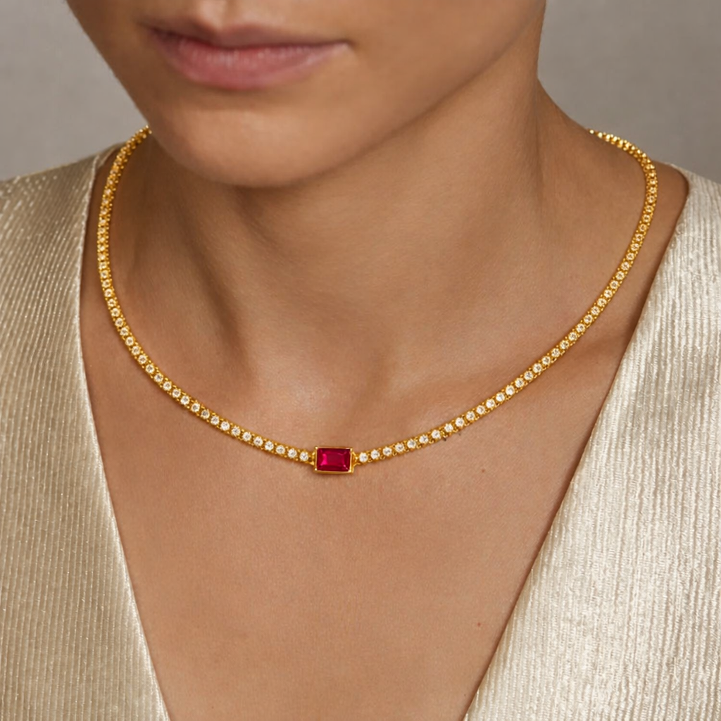 Emerald Ruby Diamond Tennis Necklace