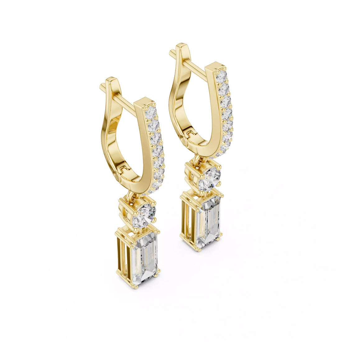 Emerald Cut Diamond Drop Earrings with Pave Hoops