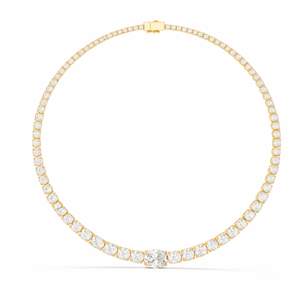 Round cut Diamond Tennis Necklace With Center Solitaire