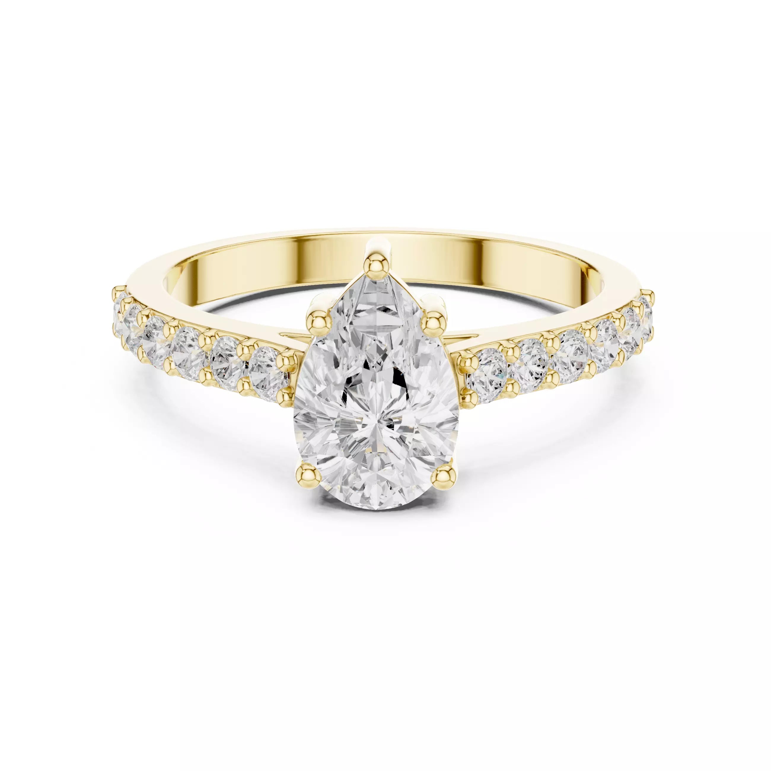 Pear cut Diamond Cathedral Setting Ring with Pavé Band
