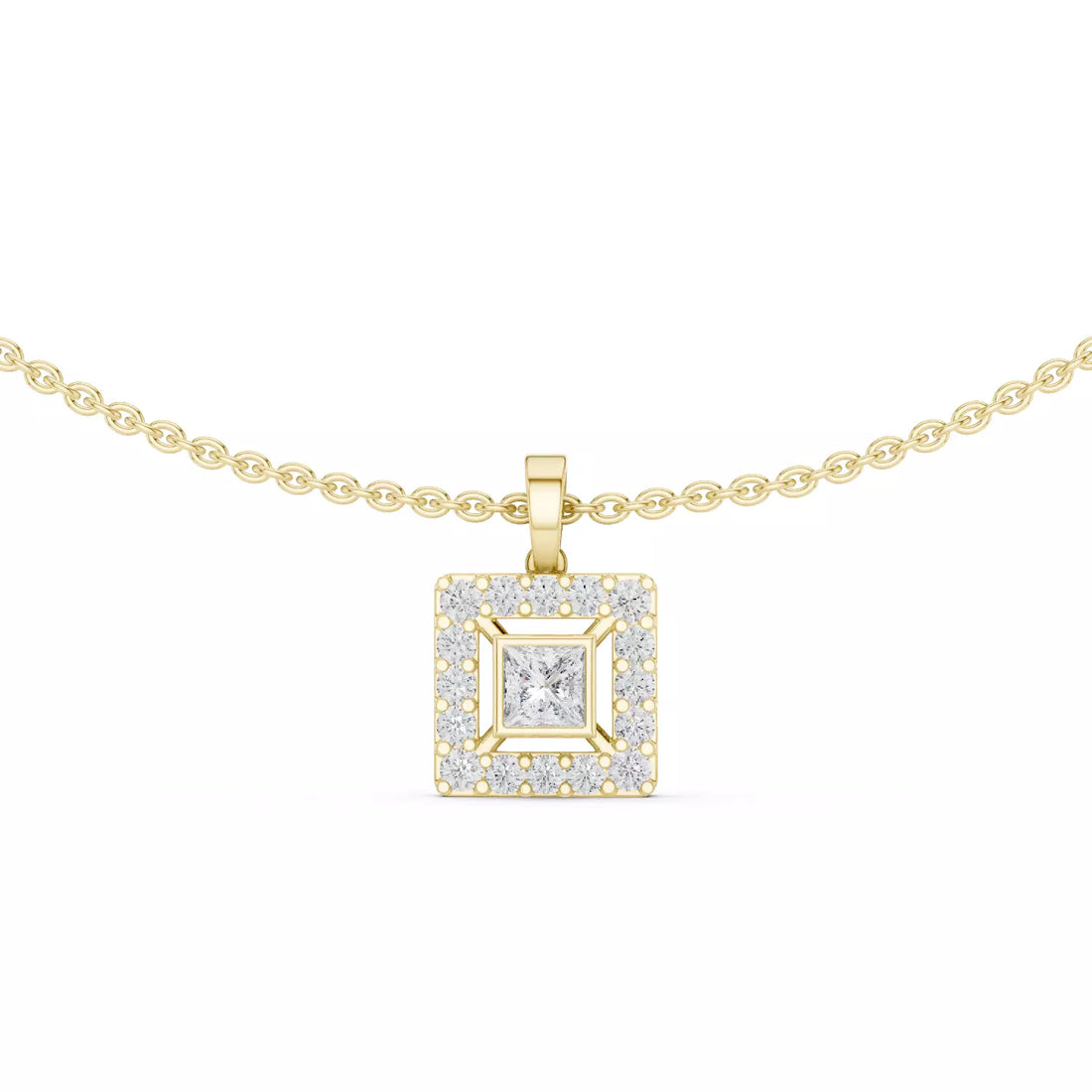 Princess Cut Diamond Halo Pendant Necklace