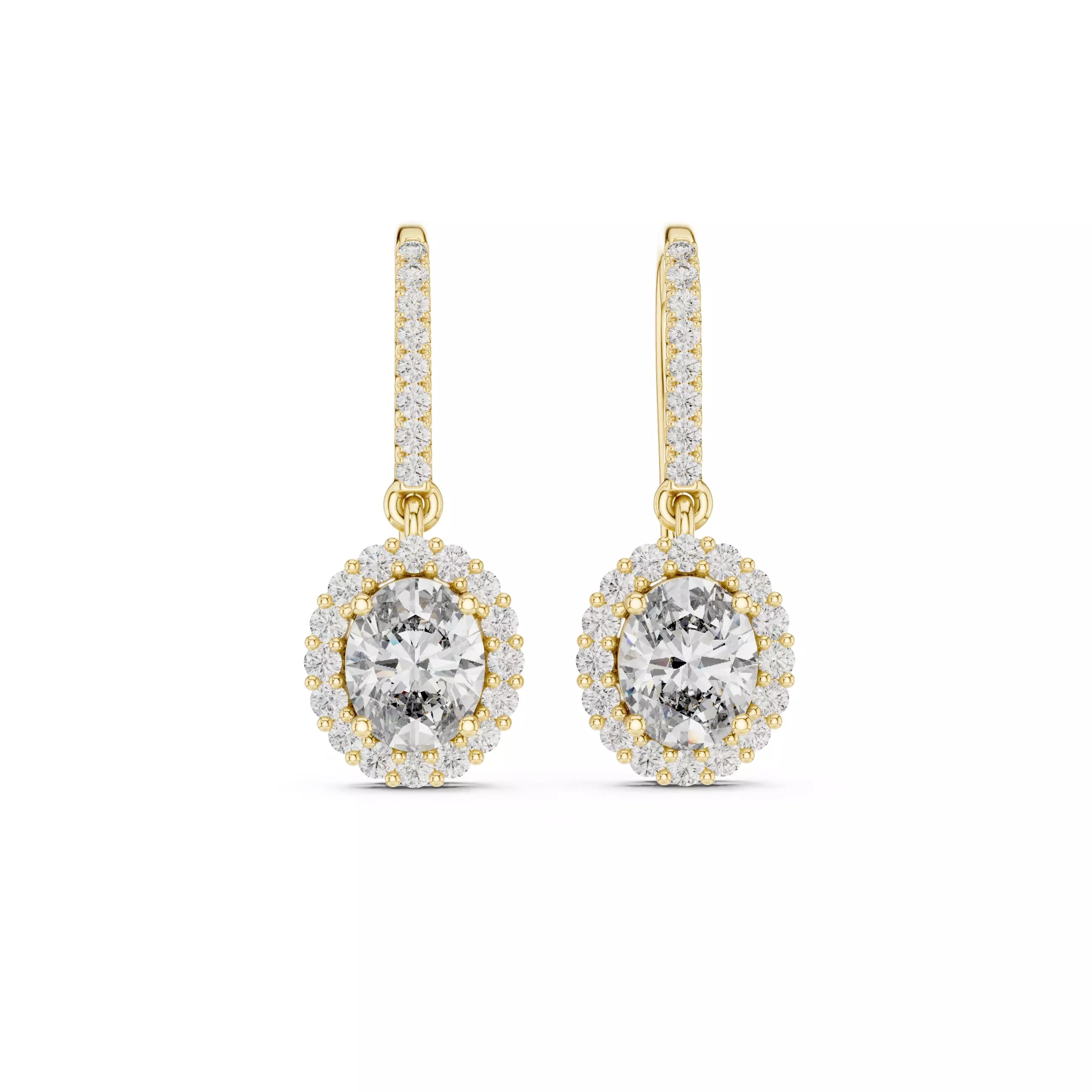 Oval cut Diamond Halo Drop Earrings with Elegant Hook