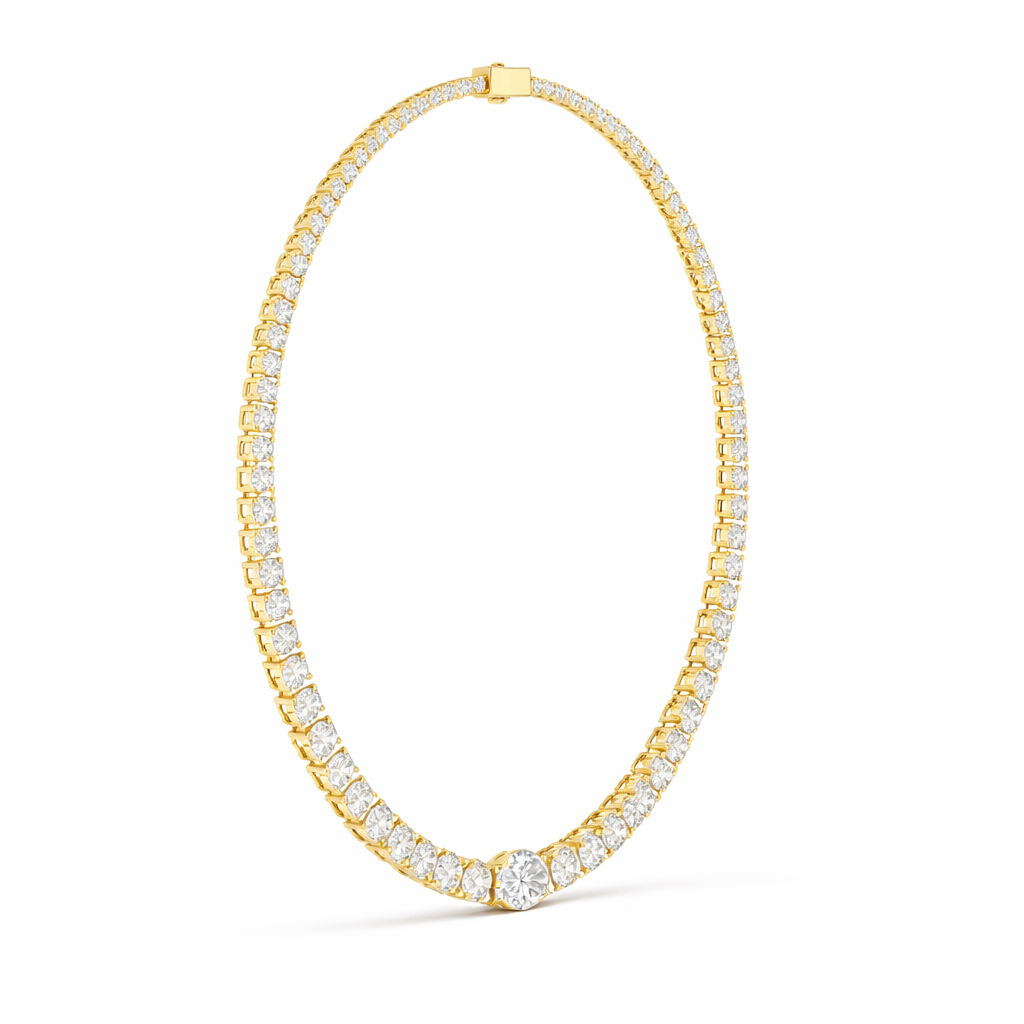 Round cut Diamond Tennis Necklace With Center Solitaire