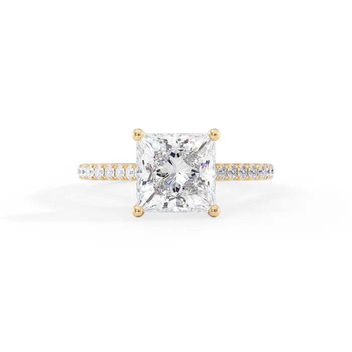 Princess Cut Diamond Cathedral Ring with Hidden Halo Pave Band
