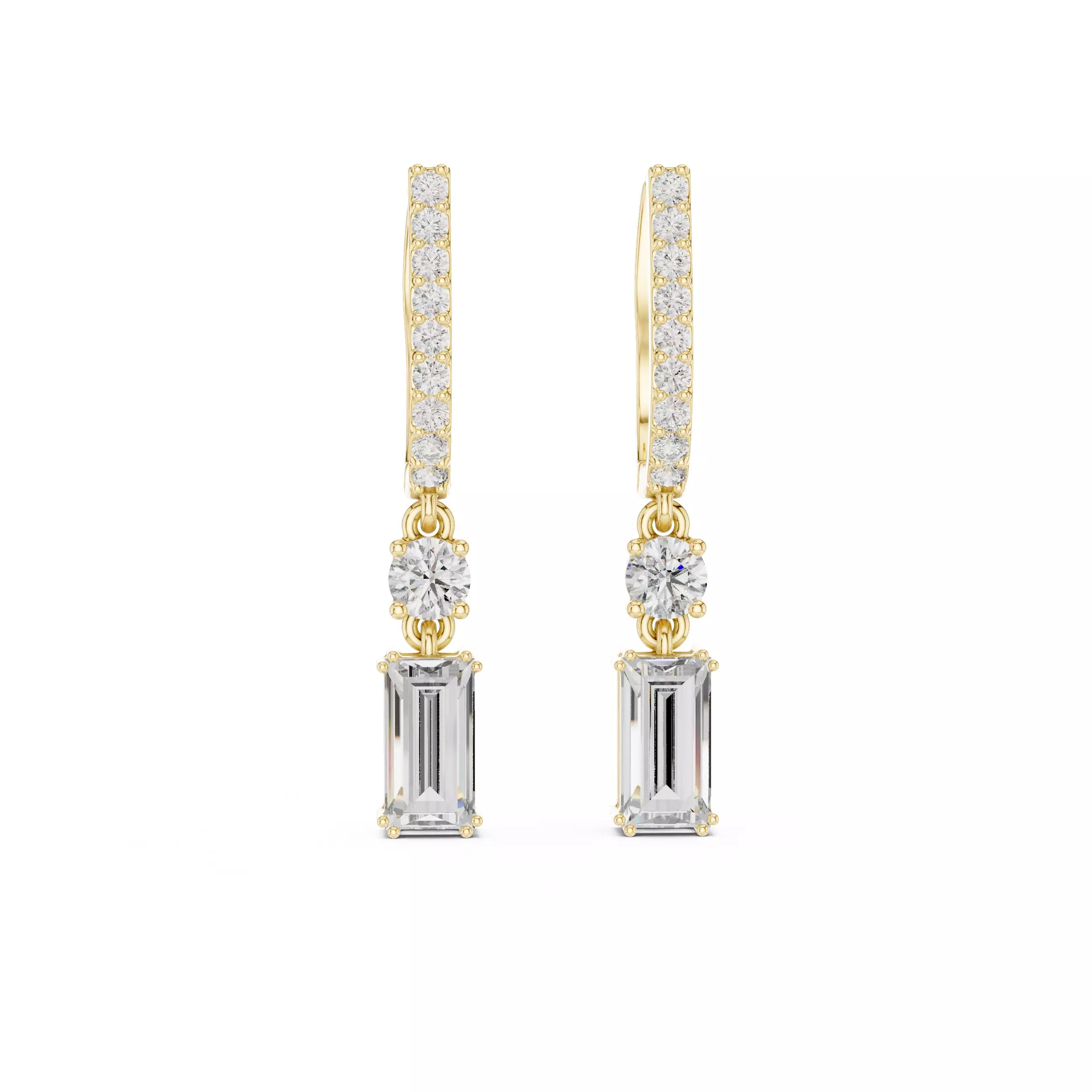 Emerald Cut Diamond Drop Earrings with Pave Hoops