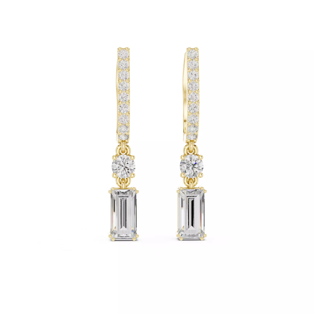 Emerald Cut Diamond Drop Earrings with Pave Hoops