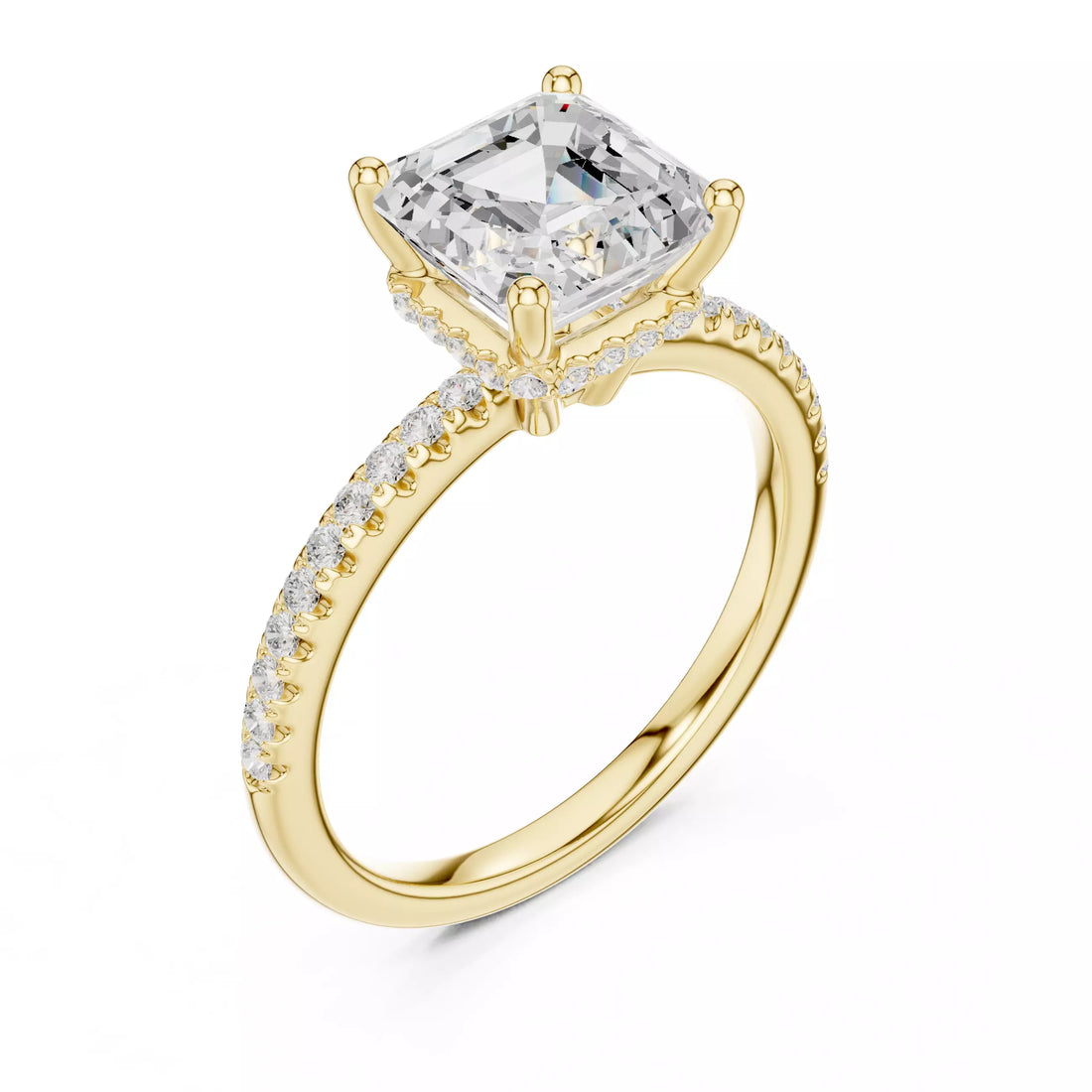 Asscher cut Diamond Engagement Ring Hidden Halo Pave Band