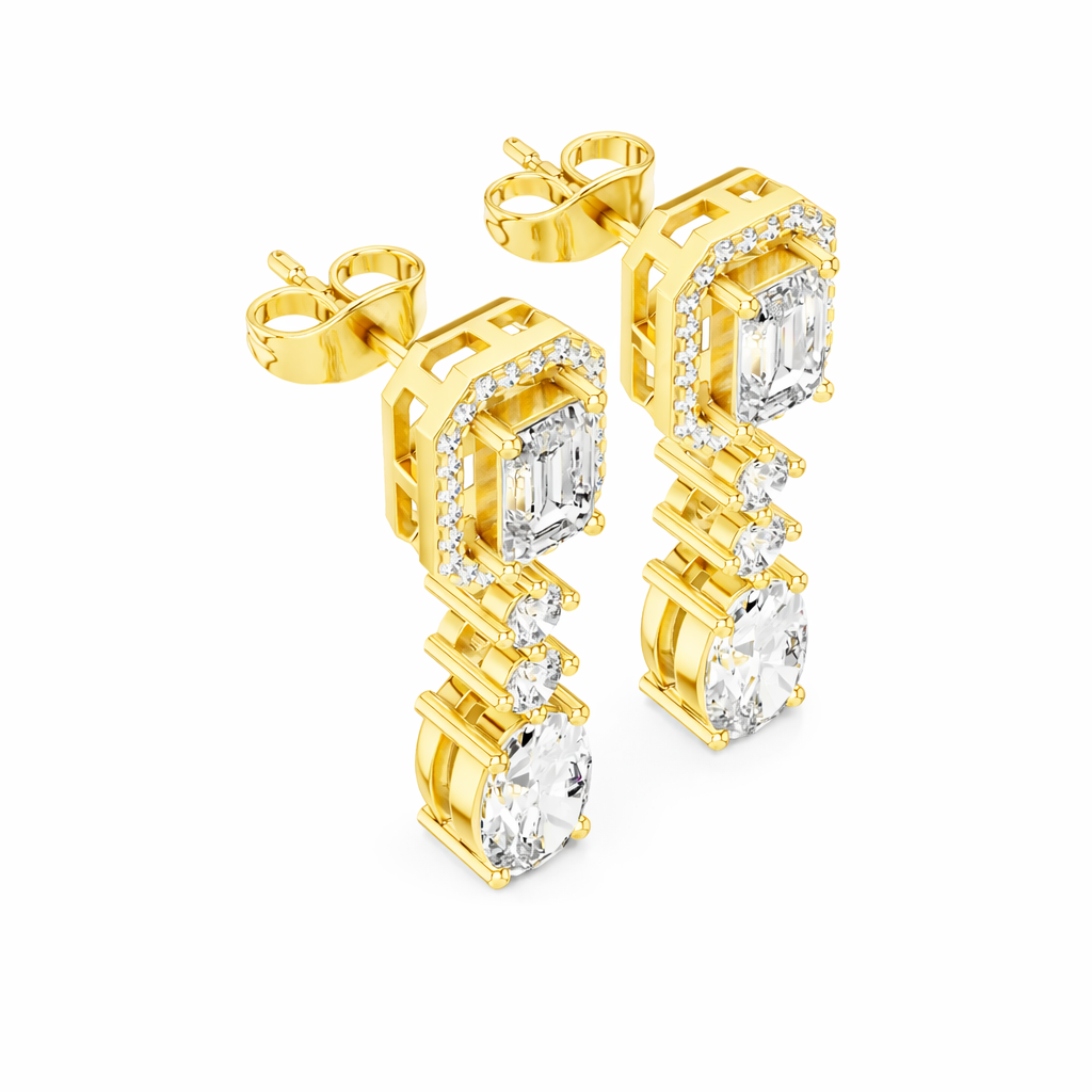 Emerald and Oval Diamond Drop Statement Earrings