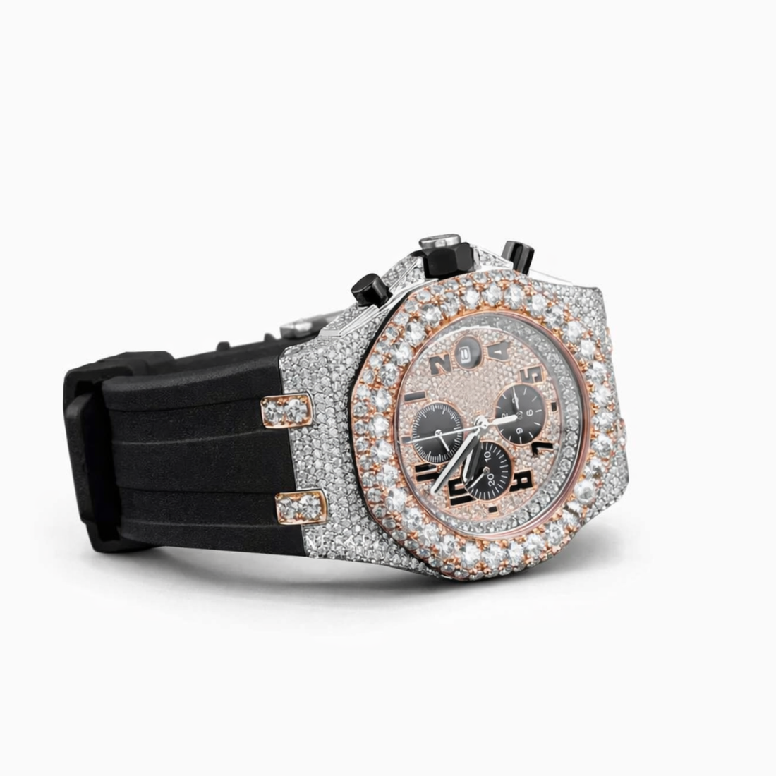 Moissanite Diamond Chronograph Black Belt Strap Rose Gold, Gold Dial Watch