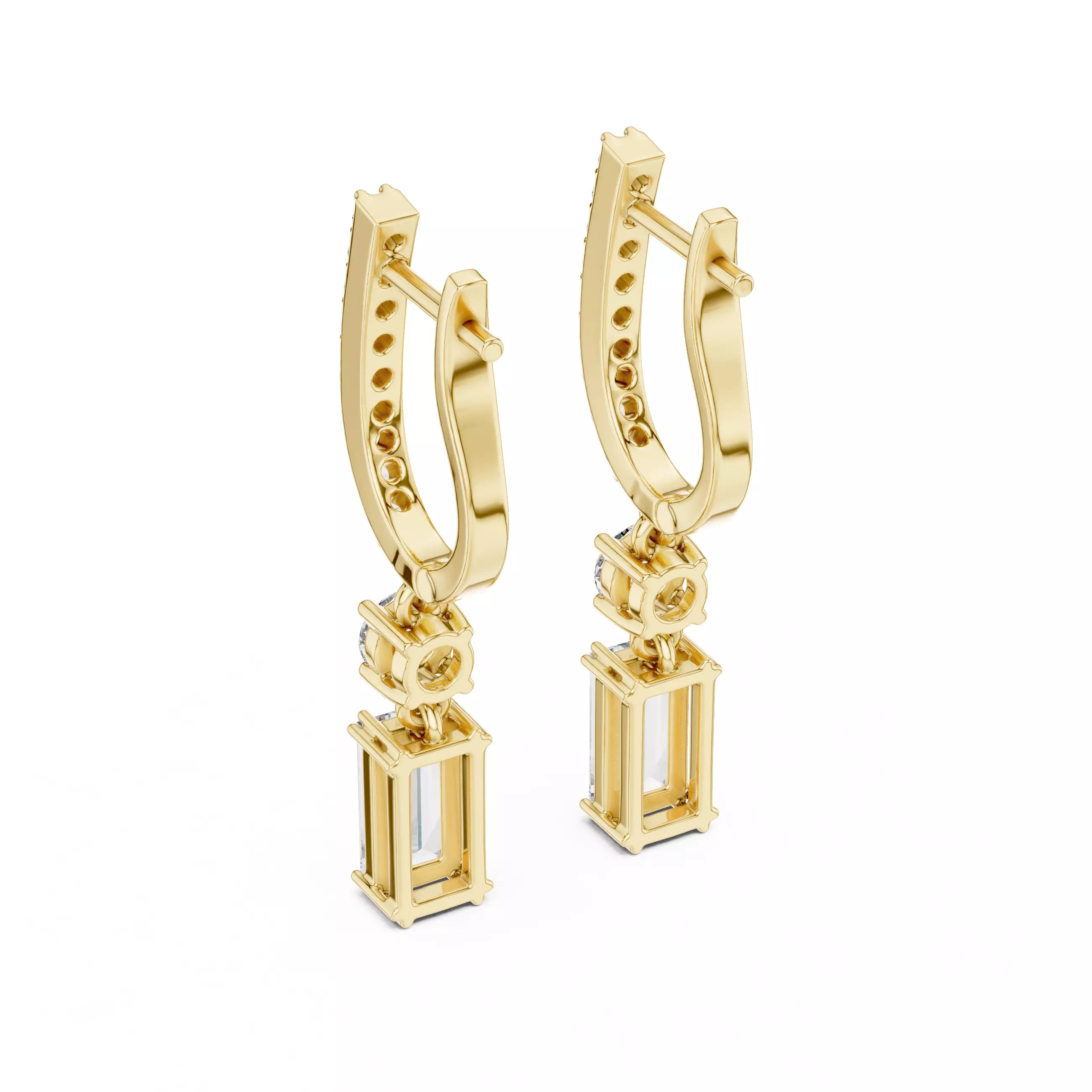 Emerald Cut Diamond Drop Earrings with Pave Hoops