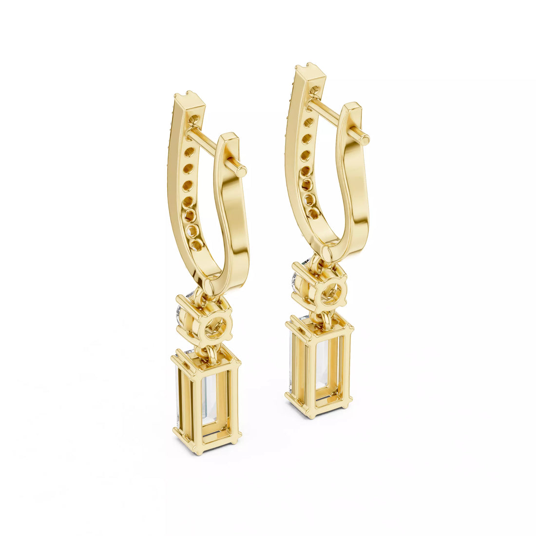 Emerald Cut Diamond Drop Earrings with Pave Hoops