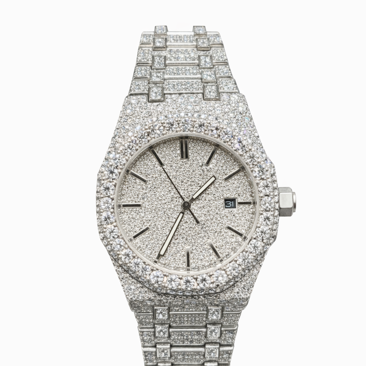 Luxury Moissanite Diamond Watch With Date Display With Silver, Gold