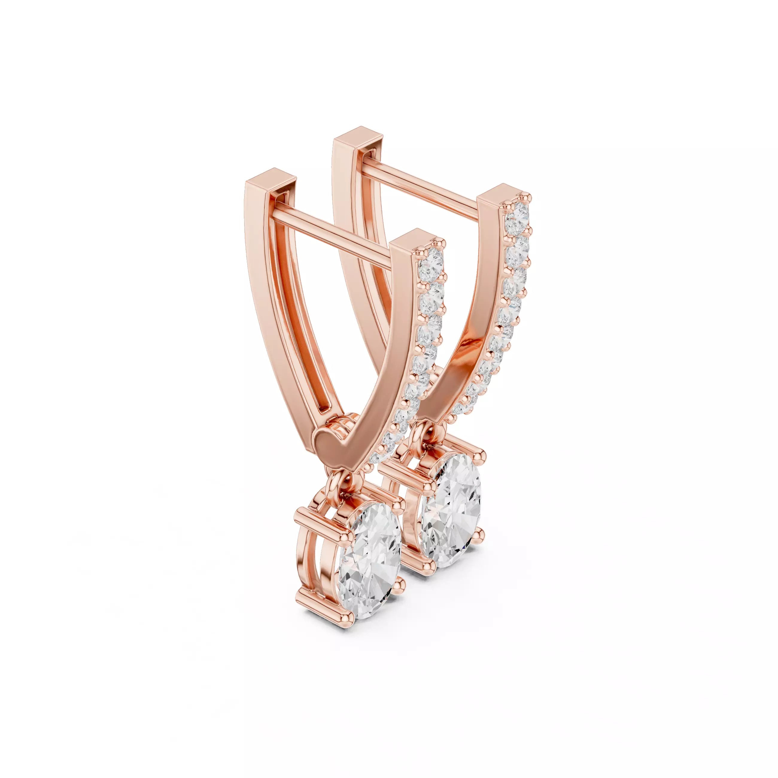 Oval Diamond Drop Earrings with Pavé Bar Setting