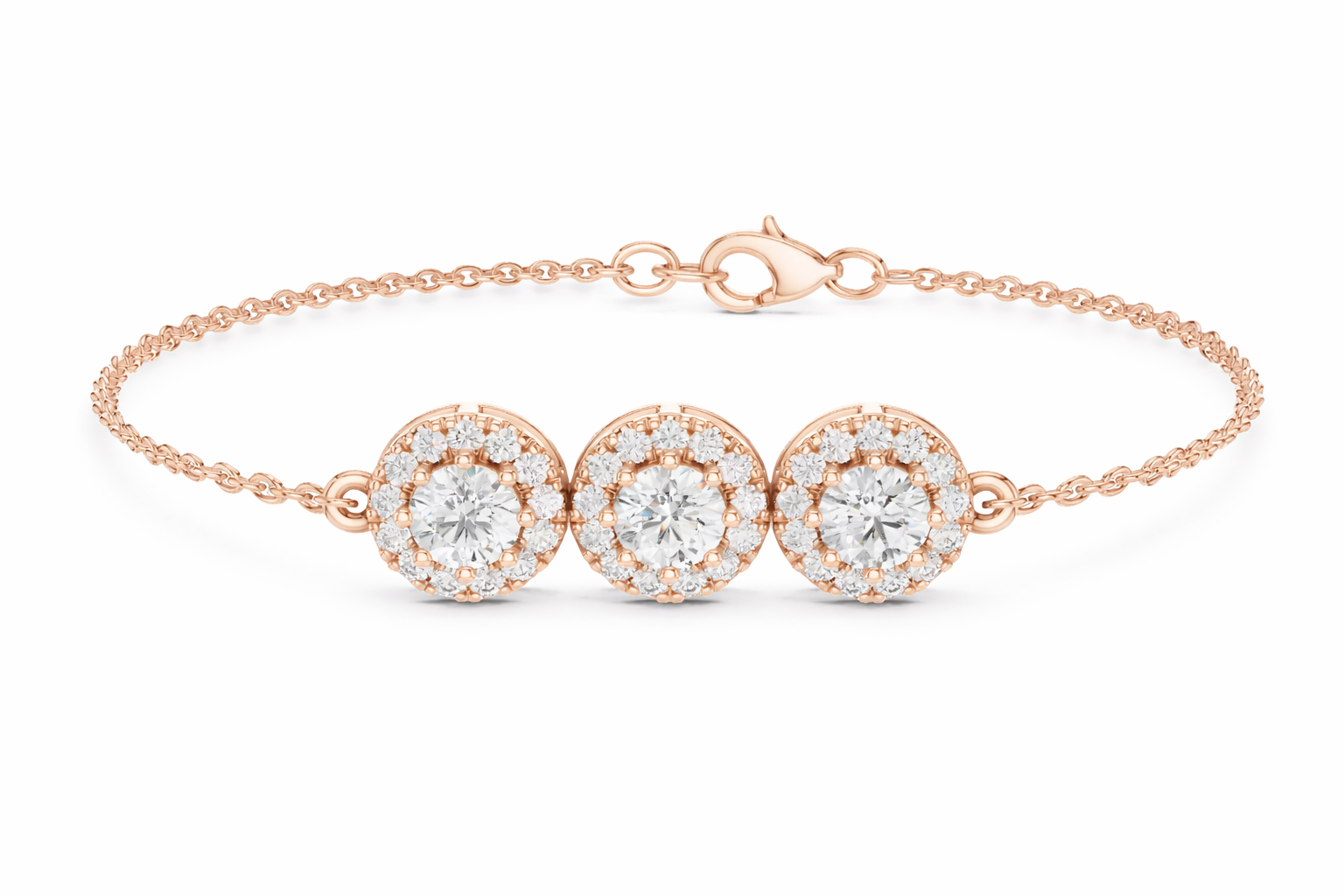 Three Stone Diamond Halo Chain Bracelet